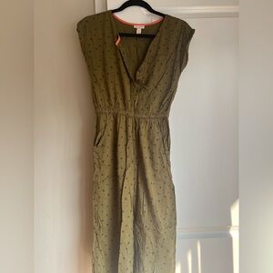 Kids 10-12 jumpsuit. Dark army green with black polka dots